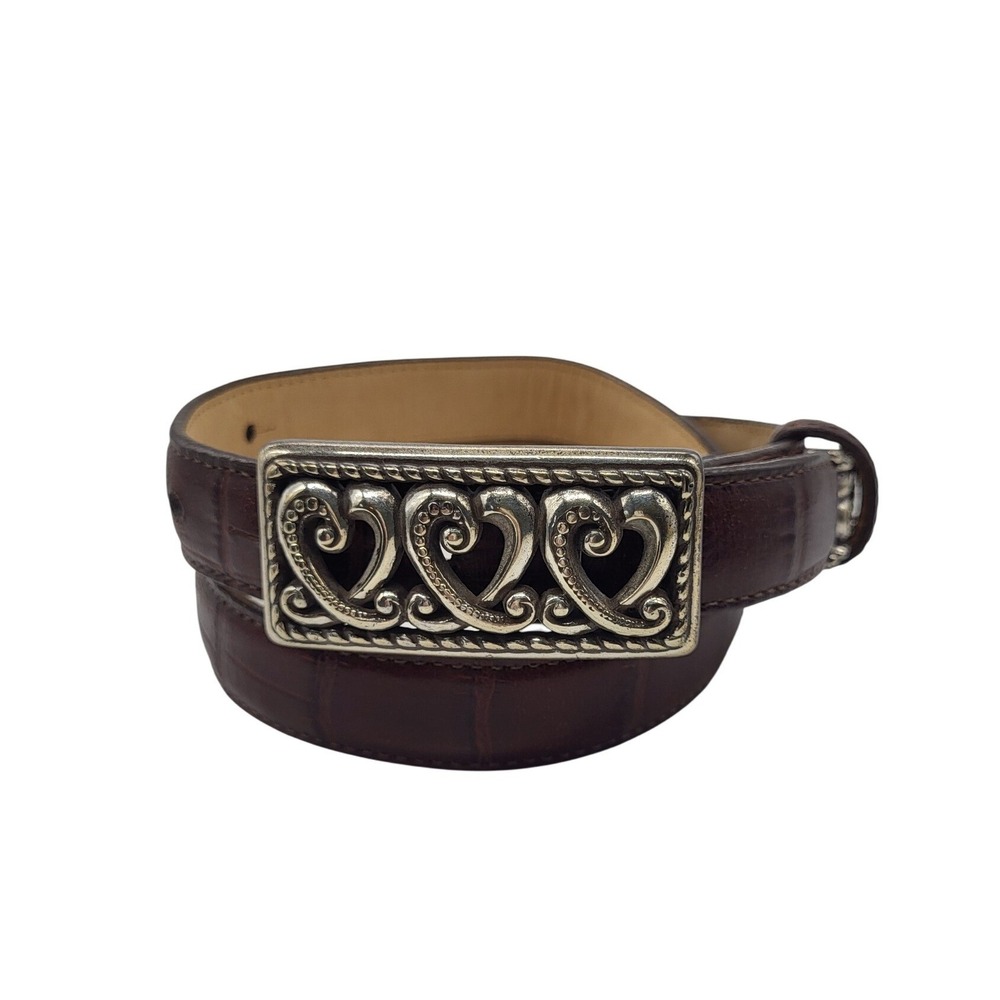 VTG Brighton Brown Leather Belt Silver Heart Buckle Croc Embossed Small‎ 28